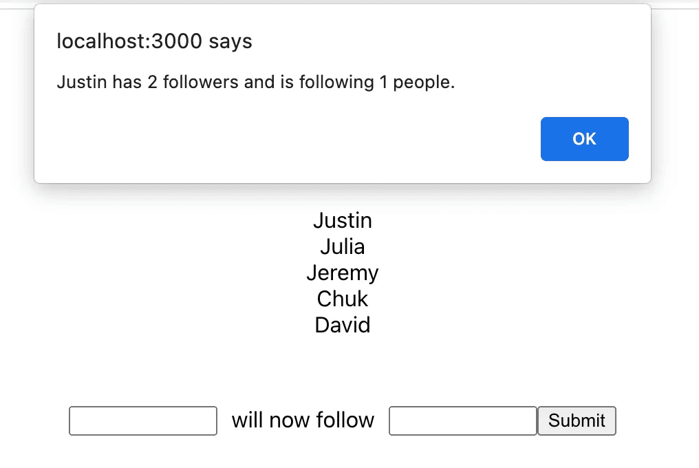 Browser alert displaying Justin’s followers and following counts