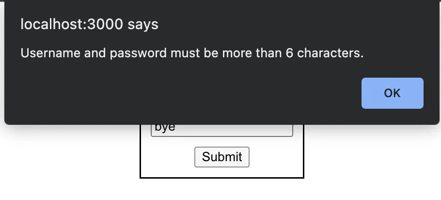 Alert displayed when the username and/or password is too short